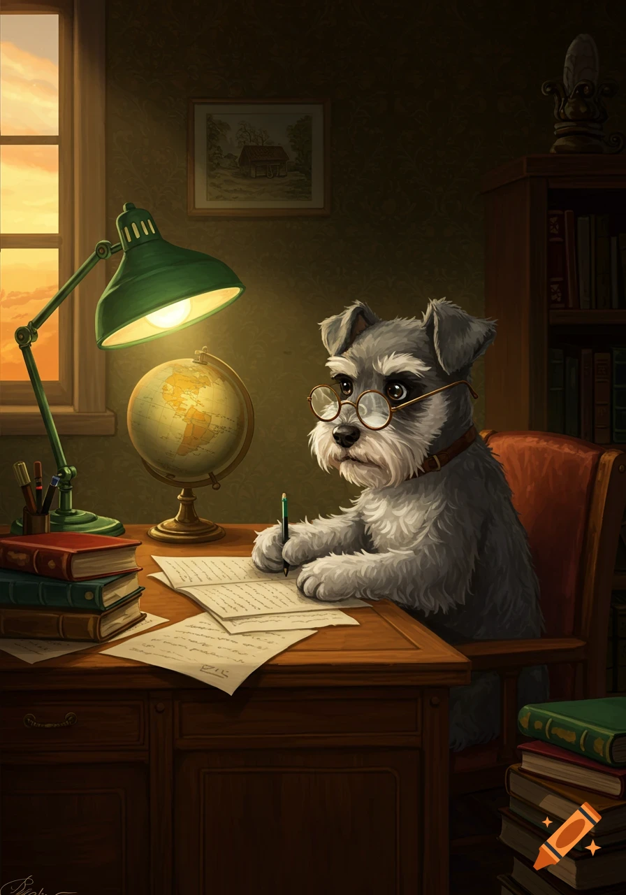 A cute grey Schnauzer wearing glasses sits at a wooden desk under a green lamp, writing on papers with a pen. A globe and books are also on the desk.