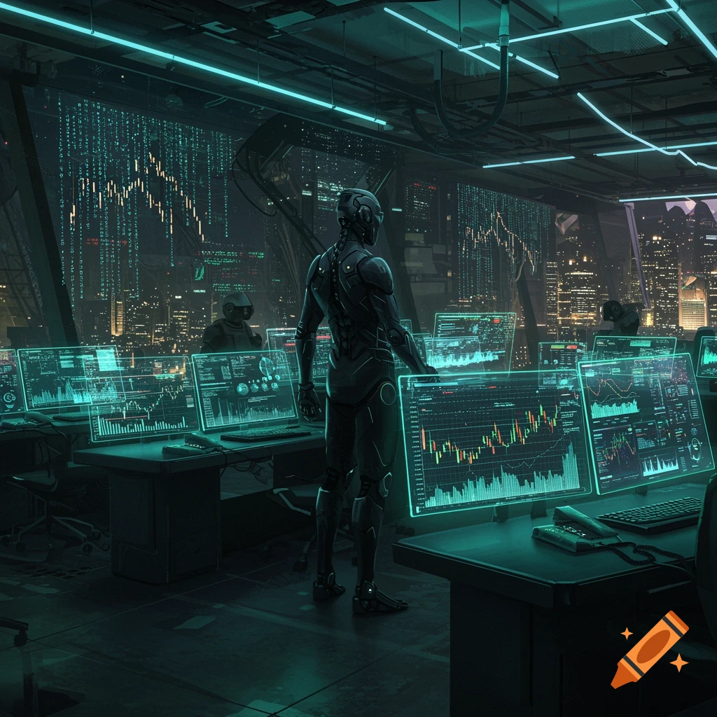 Robots in a futuristic data control room with glowing screens displaying charts and information, overlooking a neon city at night.
