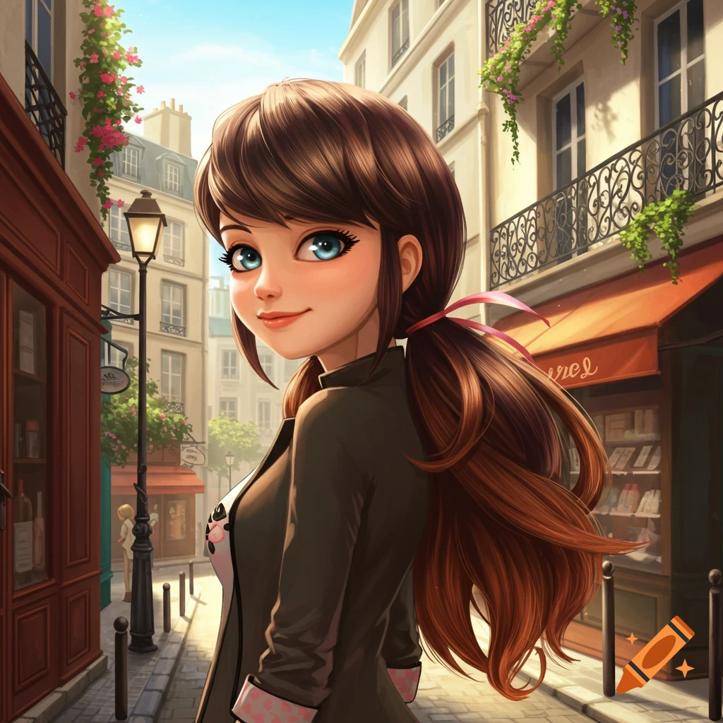 Anime-style girl with brown pigtails and blue eyes smiling over her shoulder on a Parisian street with shops.