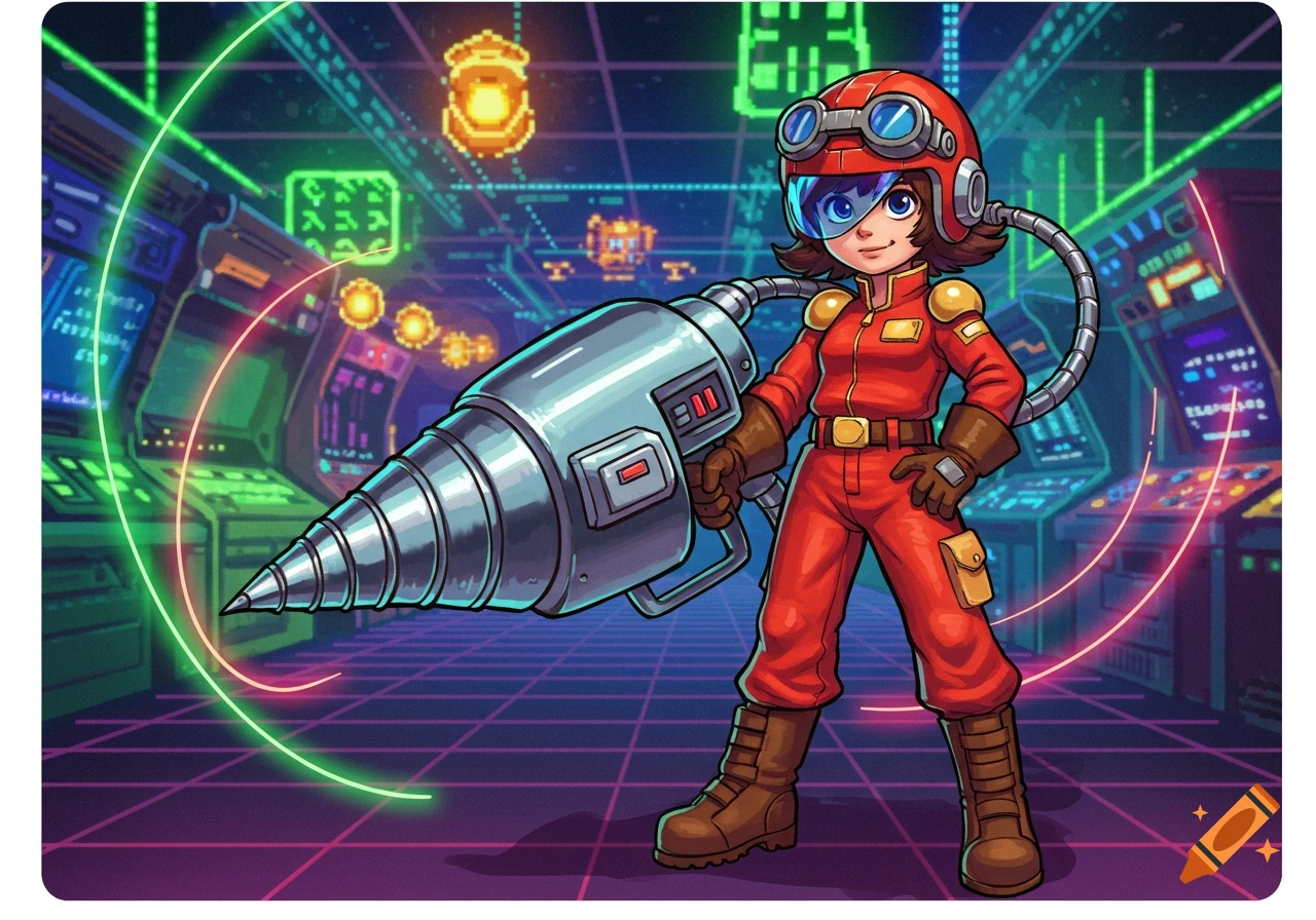 A cartoon character, a girl in a red suit and helmet with goggles, holds a large drill in a retro pixelated sci-fi arcade setting.