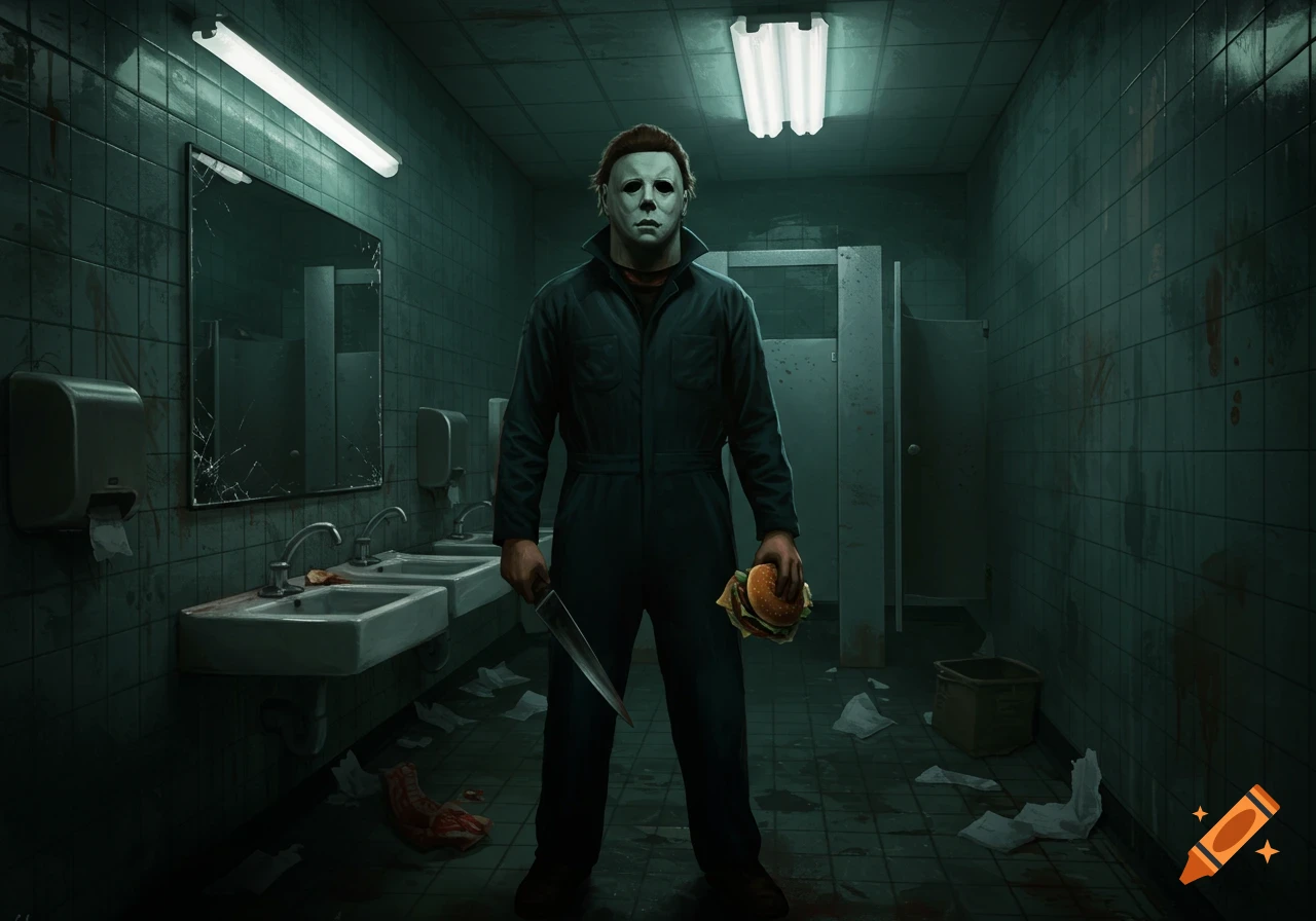 A horror-style illustration of Michael Myers holding a knife and a hamburger in a dark, grimy public restroom with blood spatters.