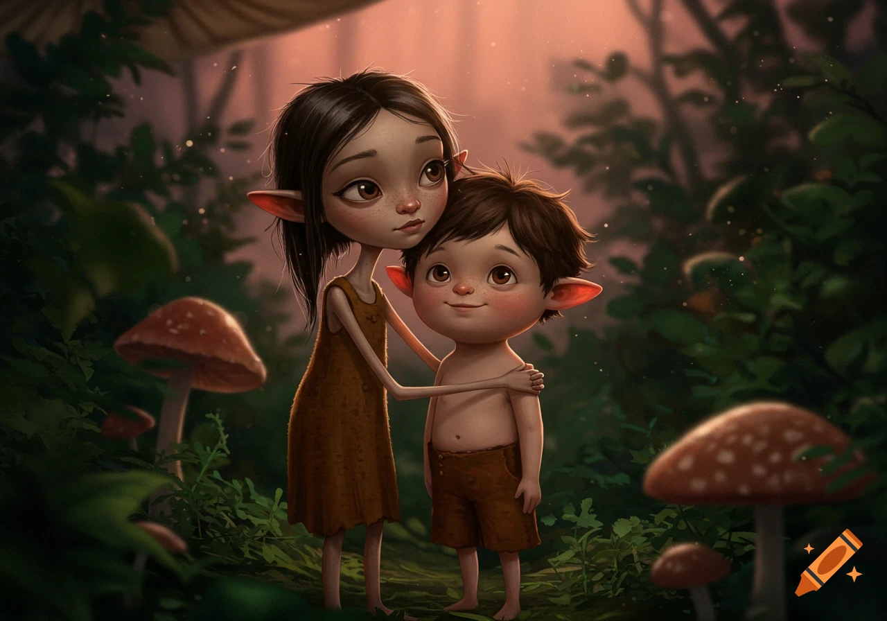 A stylized illustration of two young elf-like children, a girl embracing a boy, standing among large mushrooms in a magical forest at sunset.