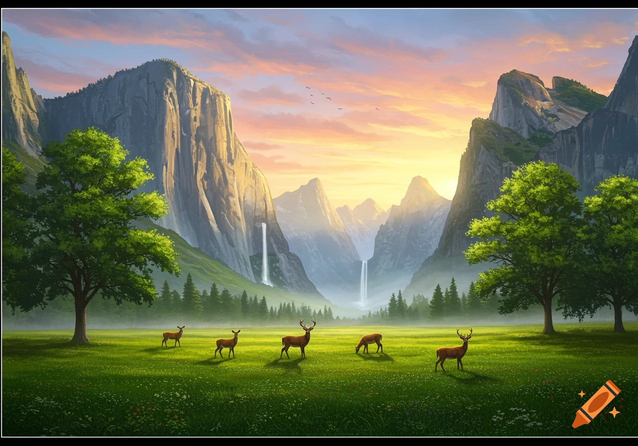 A vibrant valley landscape at sunset with towering mountains, lush green trees, waterfalls, and several deer grazing in a grassy meadow.