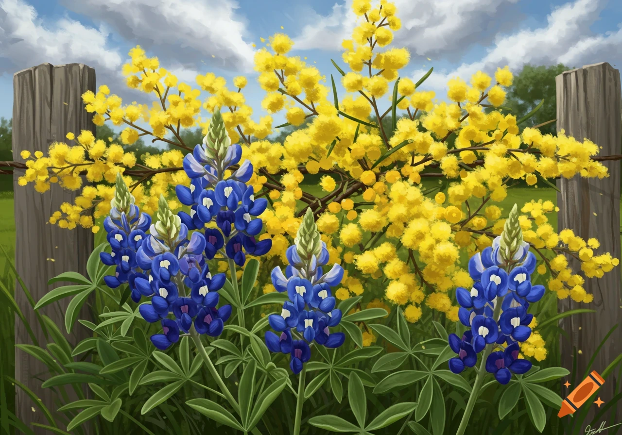 A vibrant painting of bluebonnets and yellow wattle flowers blooming in a field with a wooden fence under a cloudy sky.
