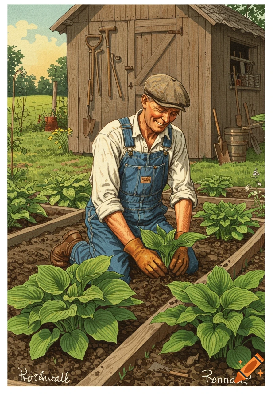 An older man in overalls and a cap kneels in a garden bed, planting a green leafy plant. A wooden shed is behind him. Rockwell-esque illustration.