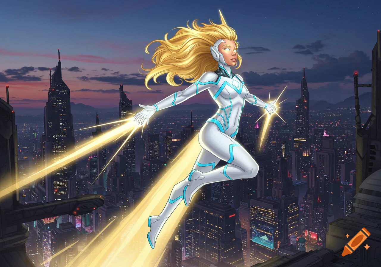 A female superhero with blonde hair and a white and blue suit flies over a futuristic city at dusk, emitting golden energy trails.
