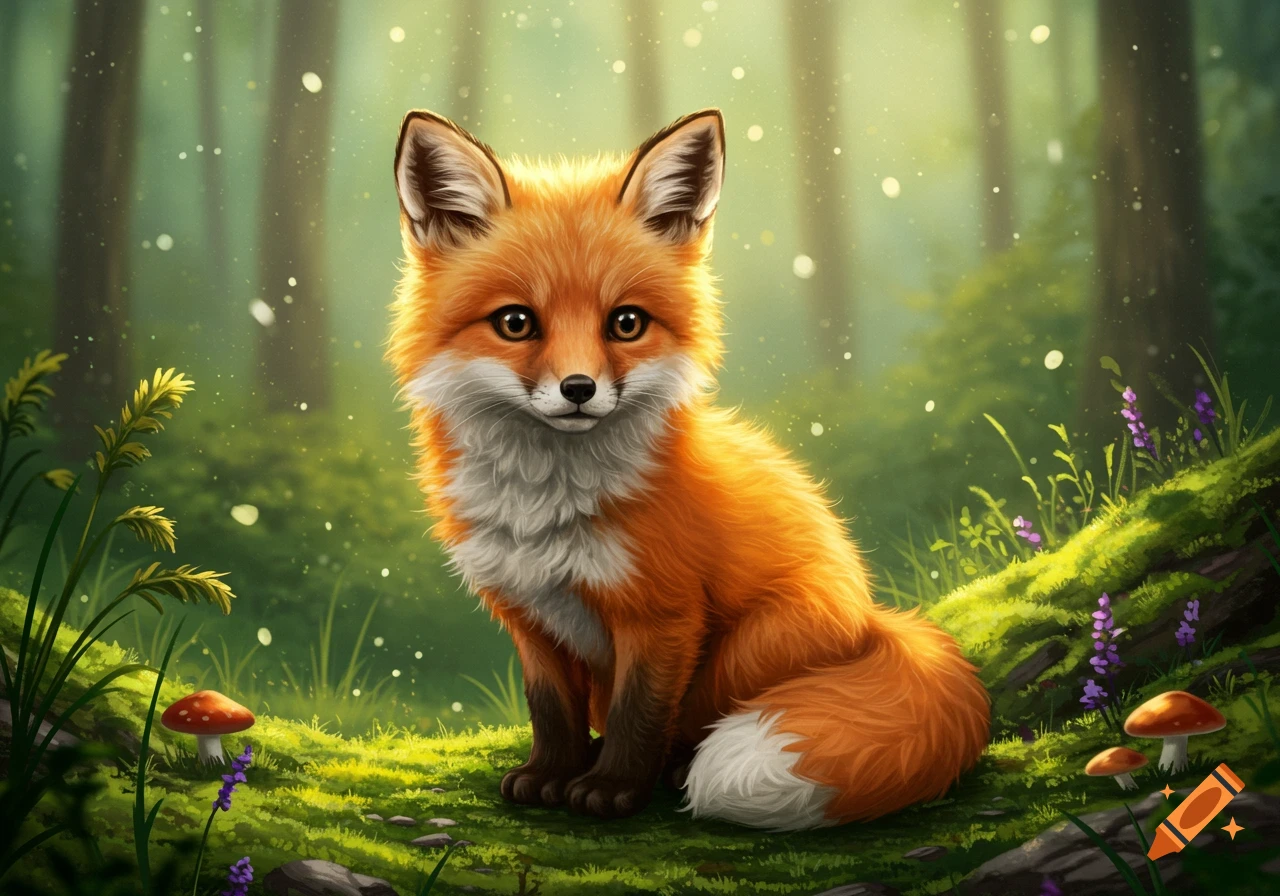 A cute, fluffy red fox sits in a magical forest clearing with mushrooms and glowing particles.