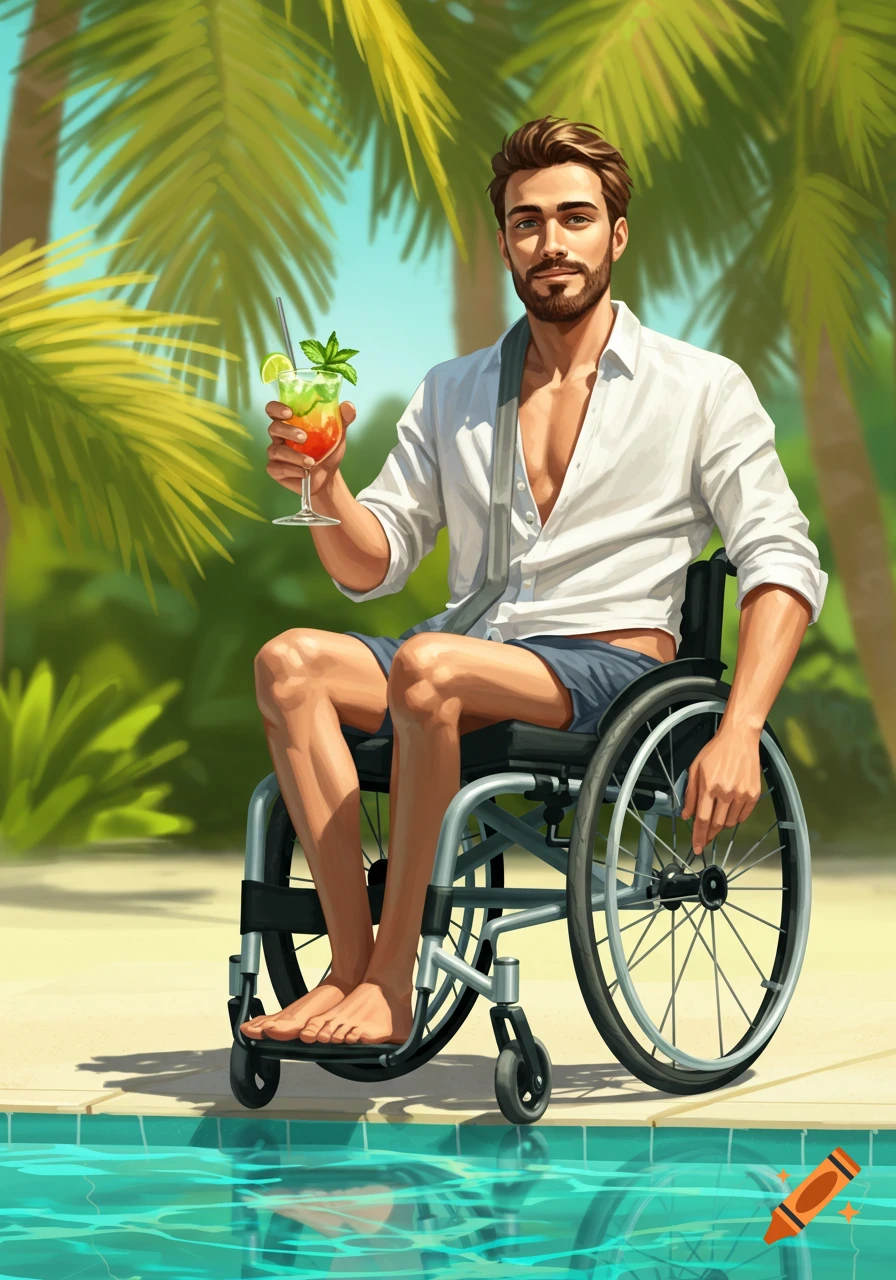 A man with a beard in a wheelchair holds a colorful cocktail by a bright blue swimming pool, with palm trees in the background.