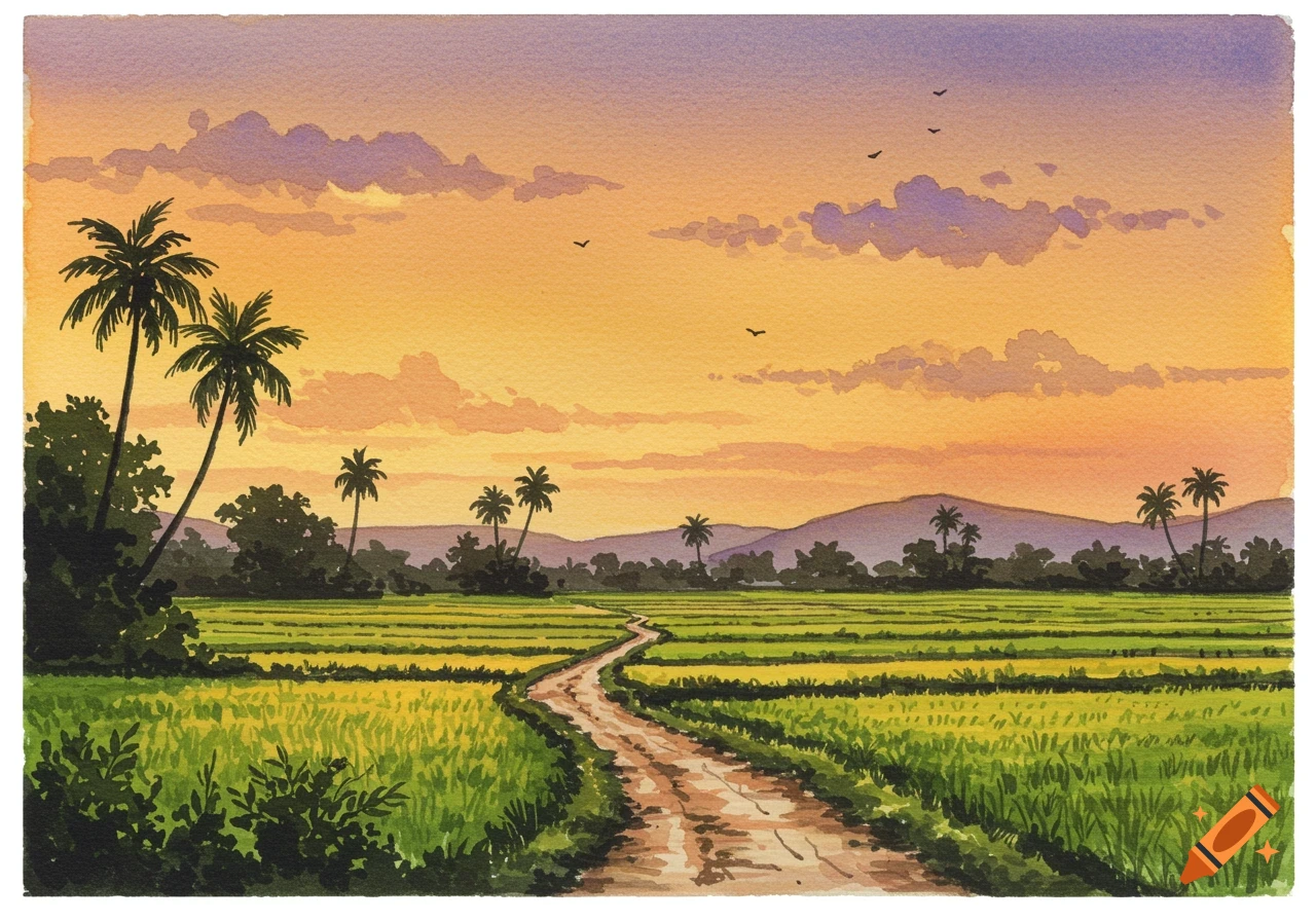 Watercolor painting of a rural landscape at sunset with a dirt path winding through green fields, palm trees, and distant mountains.