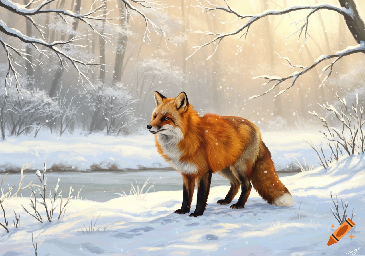 A vibrant red fox stands in a snowy forest next to a river, with sunlight filtering through the trees. Realistic painting.