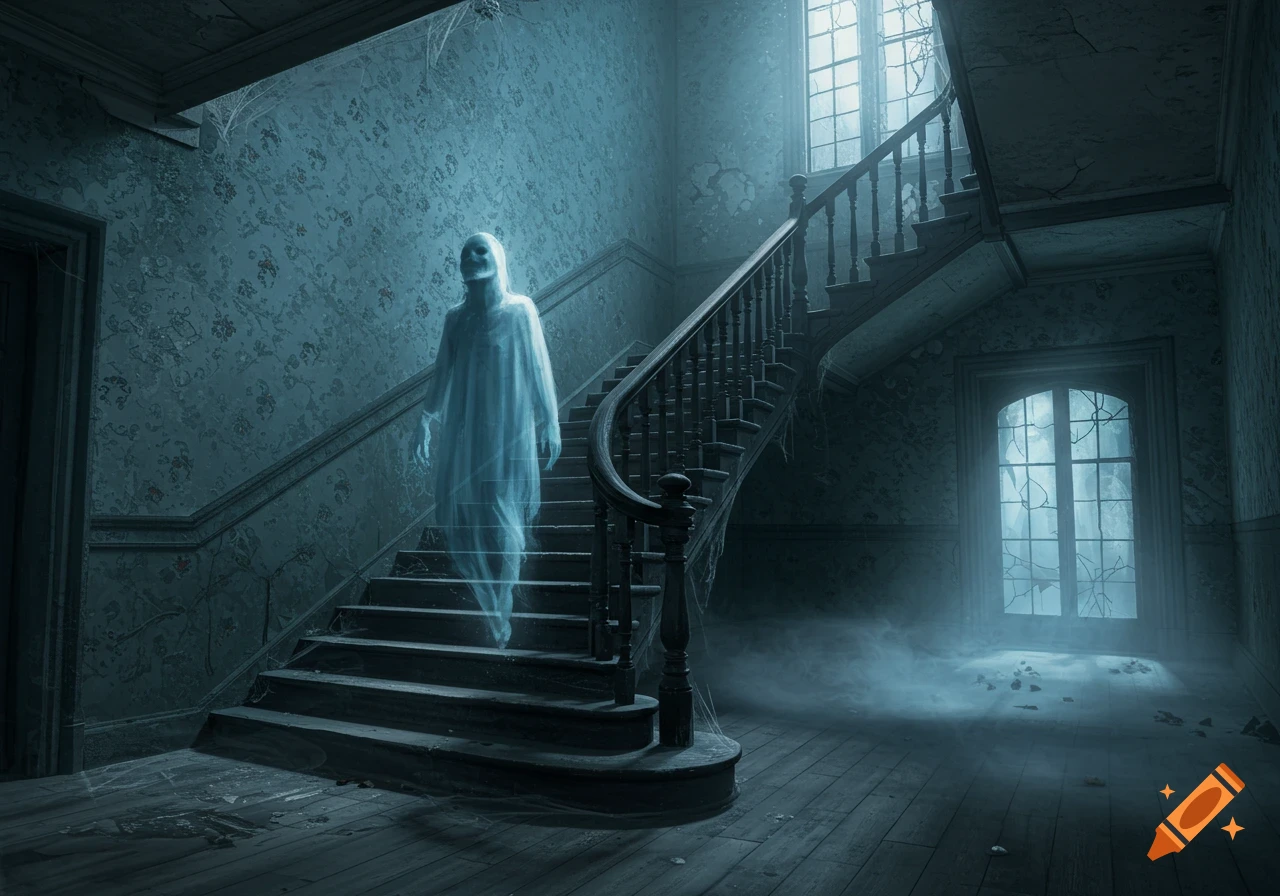 A translucent, glowing ghost descends a grand, decaying staircase in a dark, dusty haunted mansion.