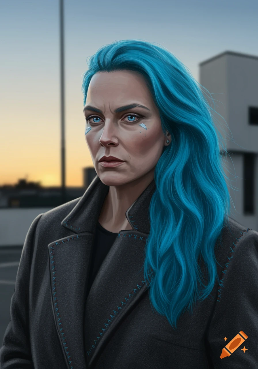 A portrait of a stern woman with bright blue hair, wearing a dark coat with prominent stitching, in an urban setting at sunset.