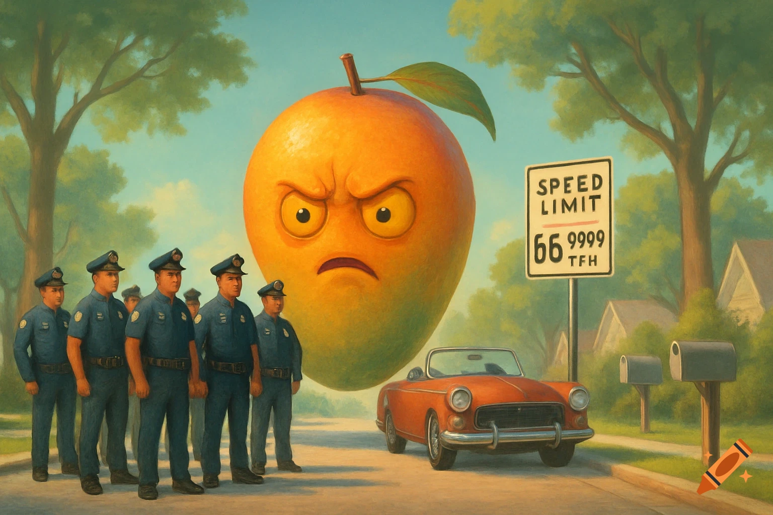 Police officers stand on a suburban street with a giant, angry mango and an orange classic car, near a speed limit sign.