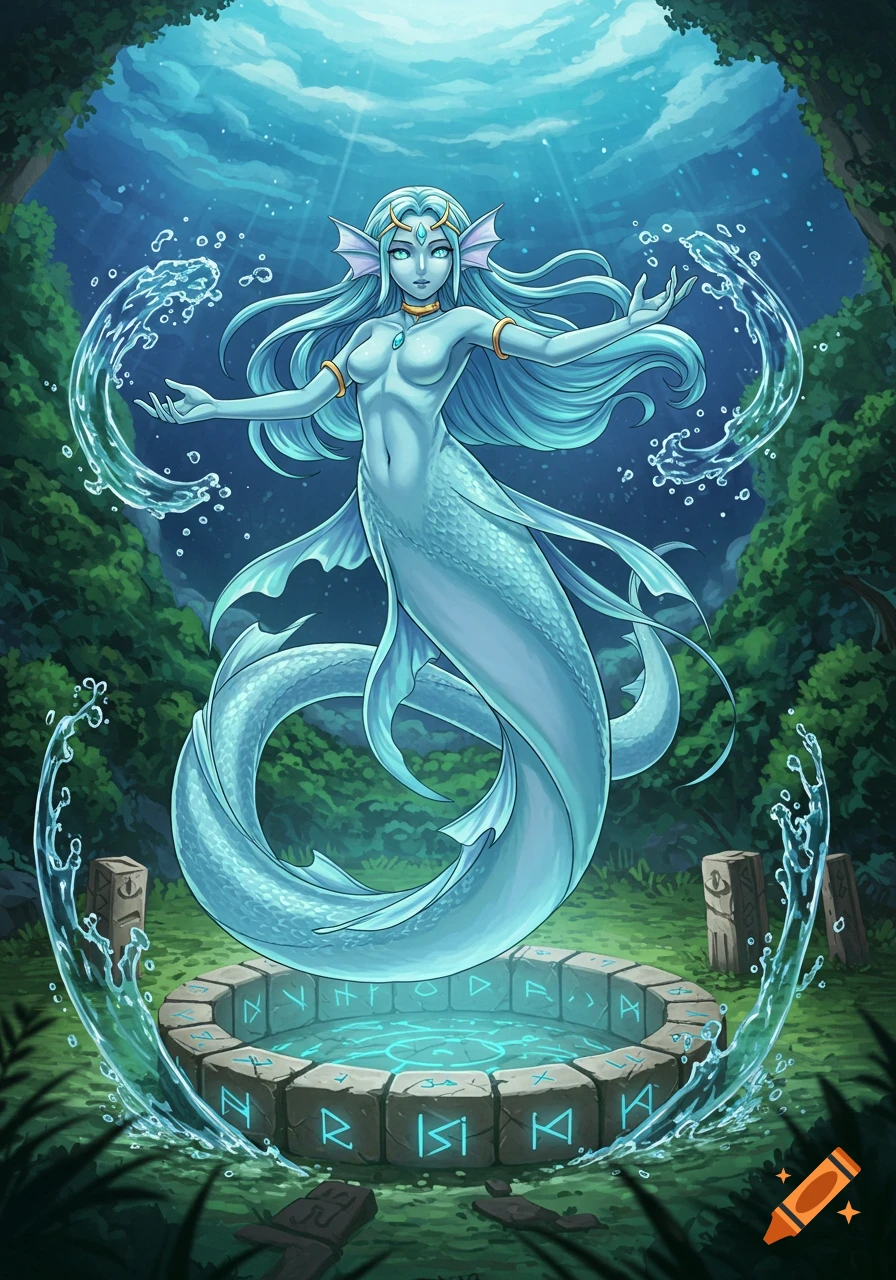 A blue-skinned mermaid with light blue hair and glowing eyes rises from a magical well, surrounded by splashing water and glowing runes in a vibrant forest.