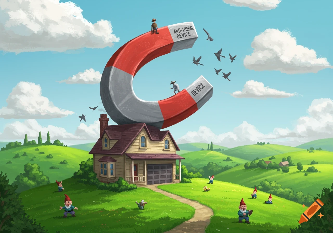 A giant red and gray horseshoe magnet labeled "ANTI-LIBERAL DEVICE" and "DEVICE" rests on a house in a vibrant green, hilly landscape with gnomes and birds.