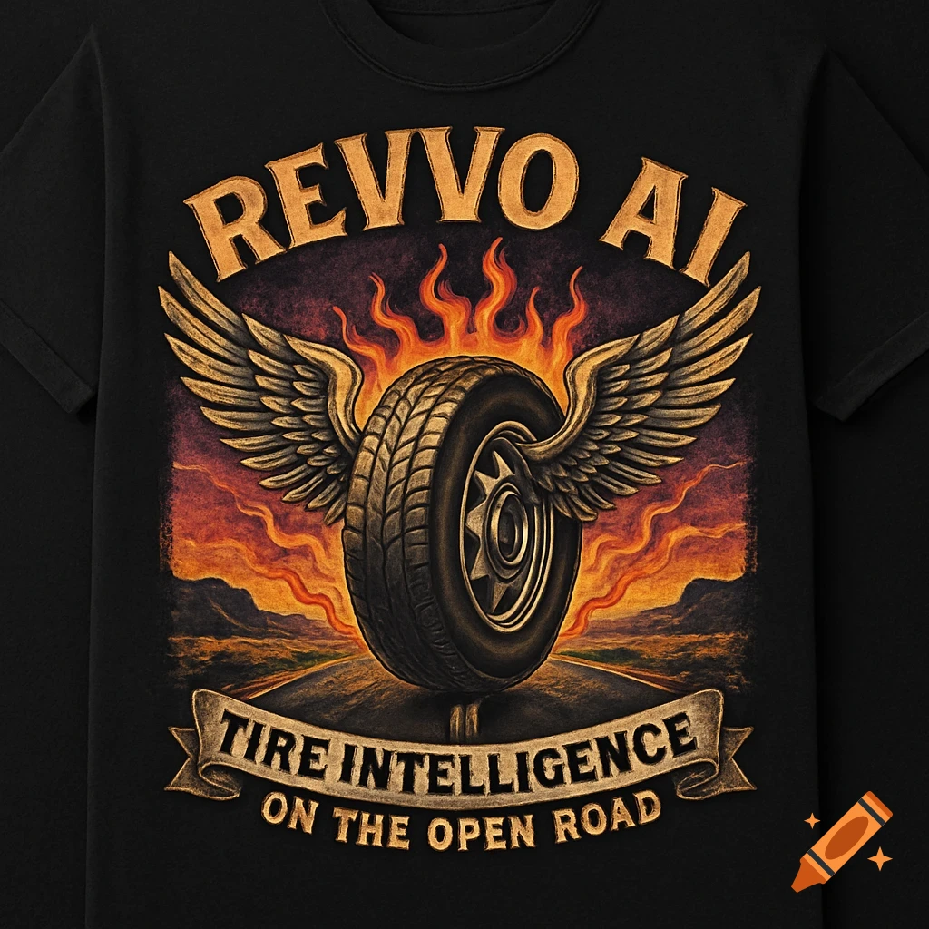 A black T-shirt with a retro-style design featuring a winged tire engulfed in flames over a desert road.