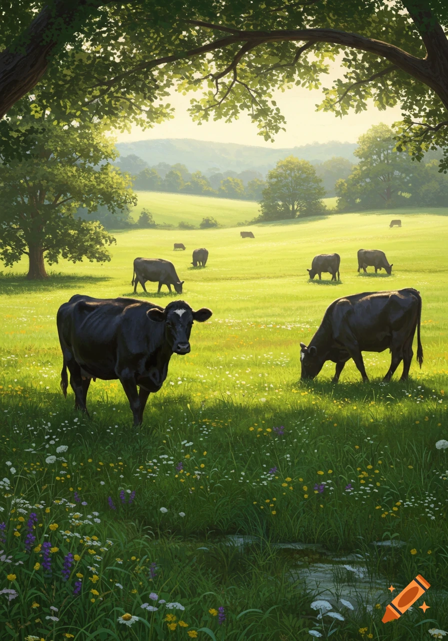 Black cows graze in a lush green meadow with wildflowers, framed by trees under a bright sky.