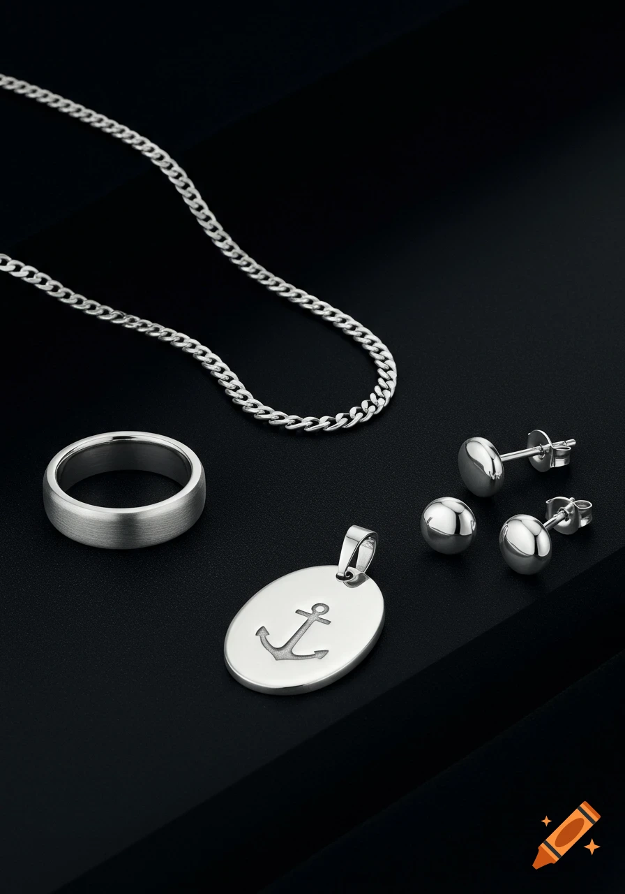 Silver chain, ring, anchor pendant, and stud earrings arranged on a black background.