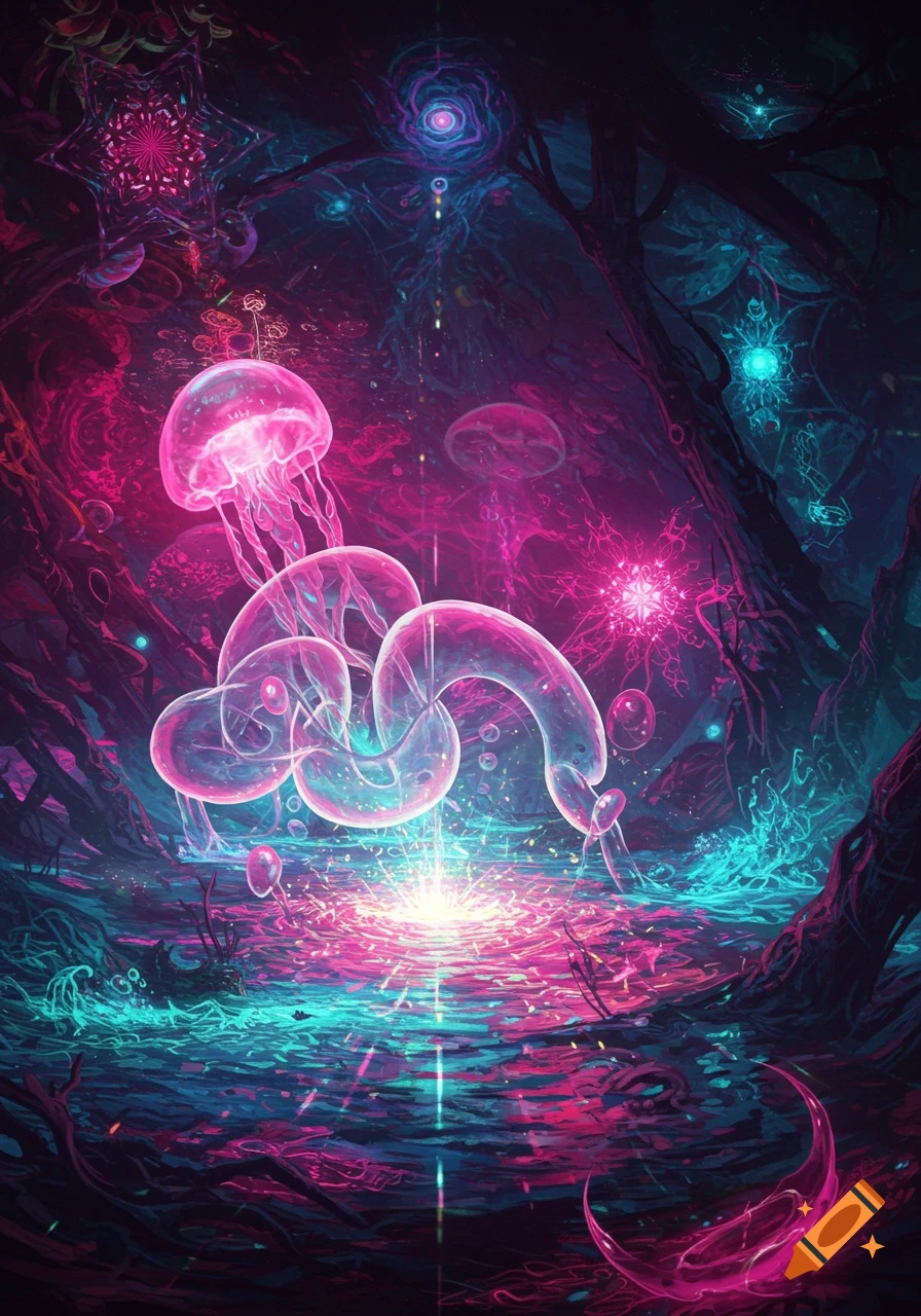 A vibrant, abstract psychedelic scene with glowing pink and blue bioluminescent jellyfish-like creatures and a bright light source.