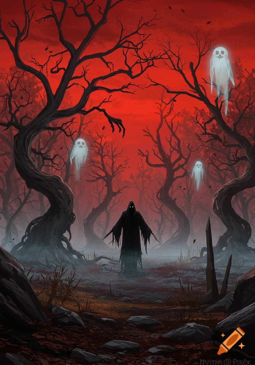A dark hooded figure stands in a misty, red-skied forest with gnarled trees and floating white ghosts, in a digital art style.