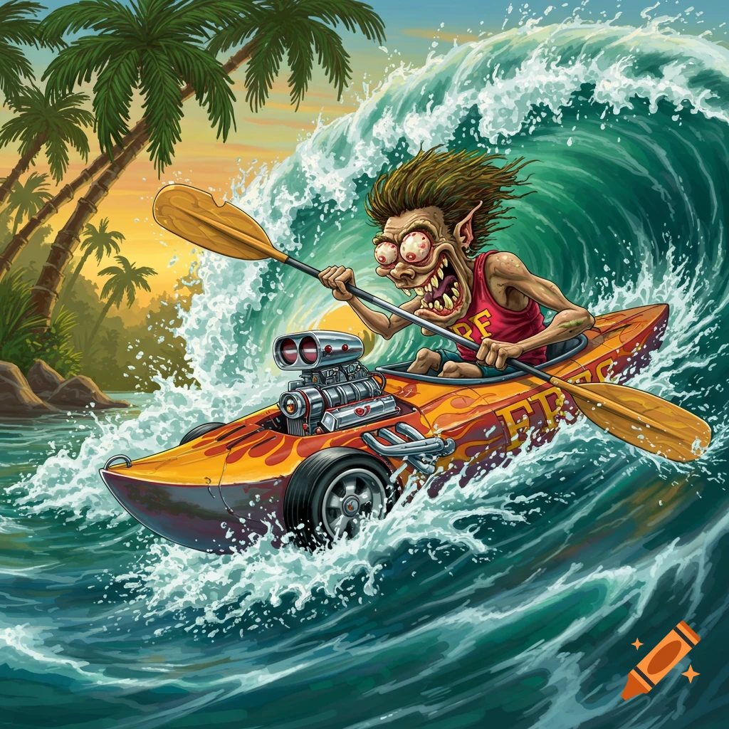 A grotesque Rat Fink-style character with large eyes and sharp teeth kayaks a hot rod-inspired boat on a large wave, with palm trees in the background.