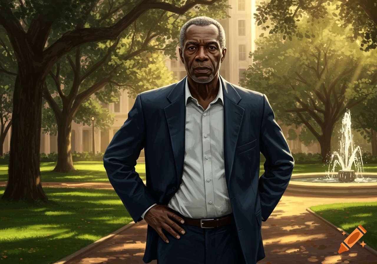 An older Black man in a suit stands with hands on hips in a sunlit park with trees and a fountain.