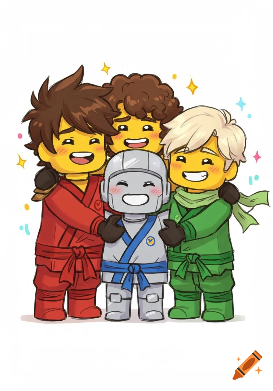 Four chibi-style Ninjago characters, including robot Zane and Lloyd, share a group hug with joyful expressions and colorful sparkles on a white background.