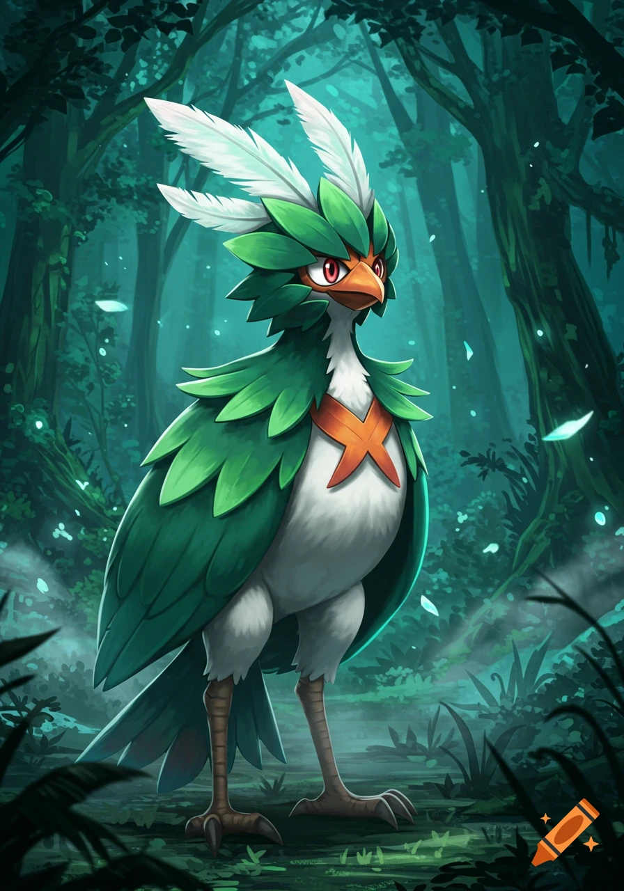 A bird-like creature with green leaf-like feathers and white plumes stands in a dark, mystical forest.