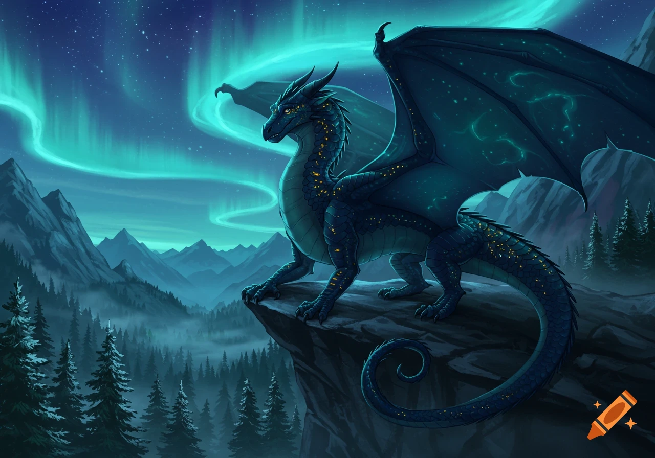 A majestic blue dragon with glowing golden scales perches on a cliff overlooking a misty mountain forest under a vibrant green aurora borealis.