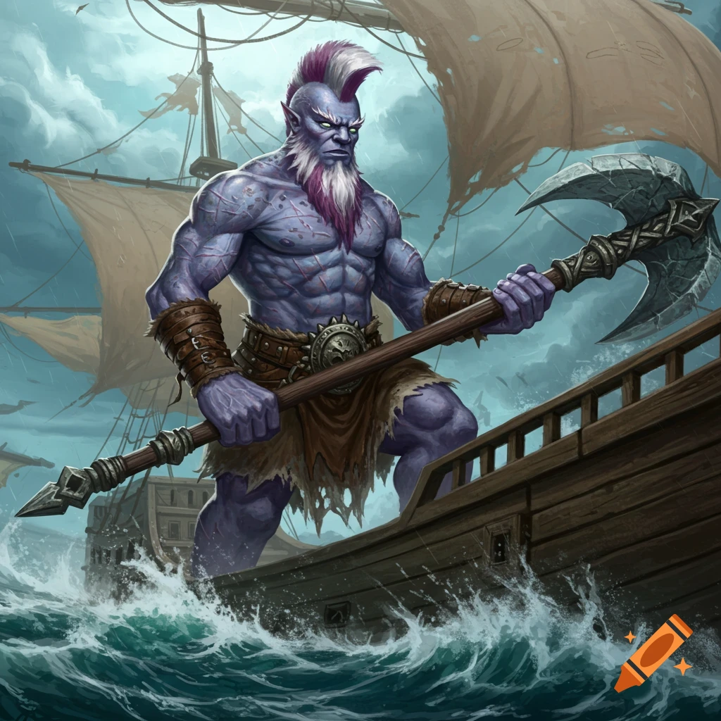 A muscular blue-skinned fantasy giant with a lavender mohawk and scars stands on a ship in stormy seas, holding a large axe. Digital painting.