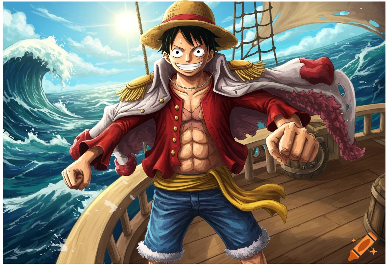 An anime illustration of Straw Hat Luffy standing on a ship deck with large waves and a sunny sky behind him.