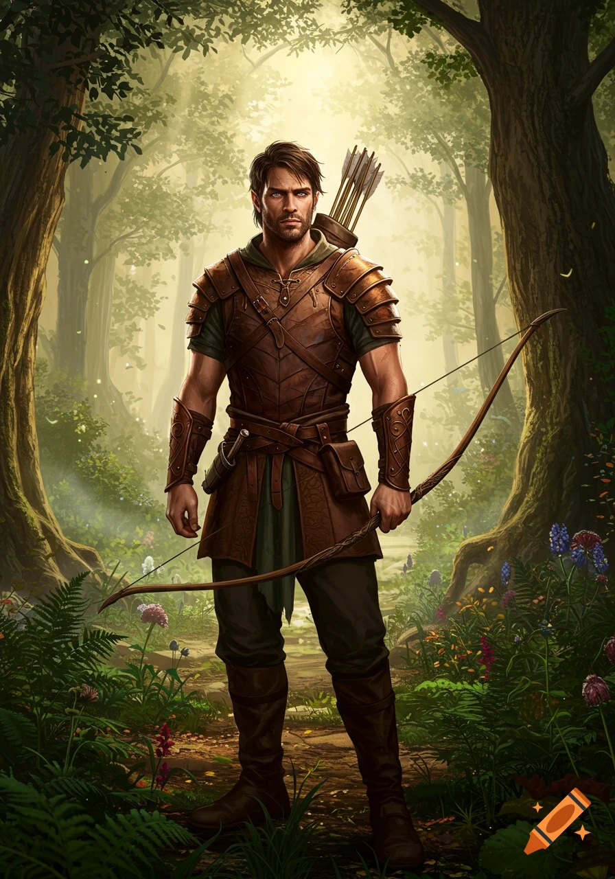 A male archer in leather armor holding a longbow stands in a sunlit fantasy forest.