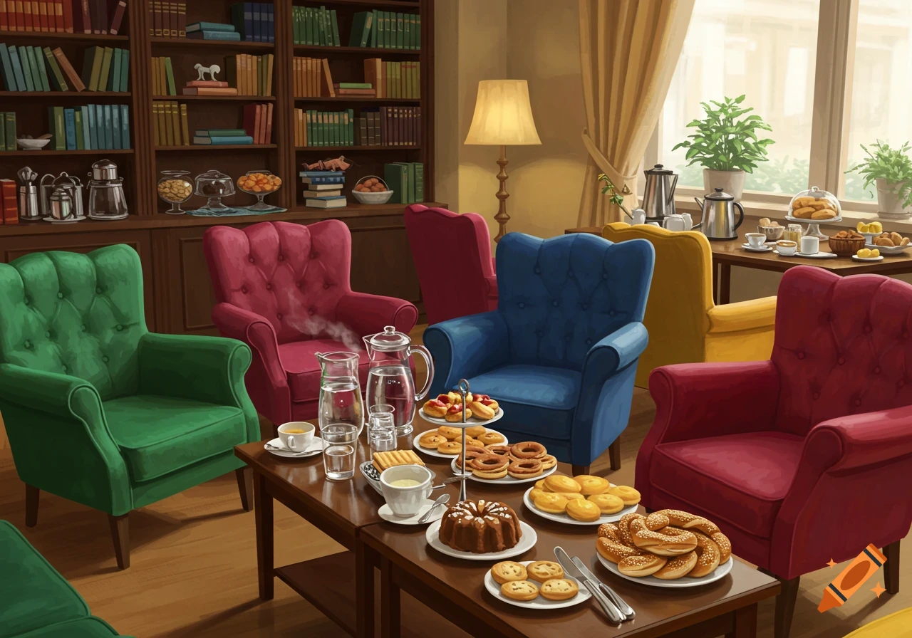 A colorful room with green, pink, blue, and yellow armchairs, a bookshelf, and a table laden with cakes, bagels, and beverages.