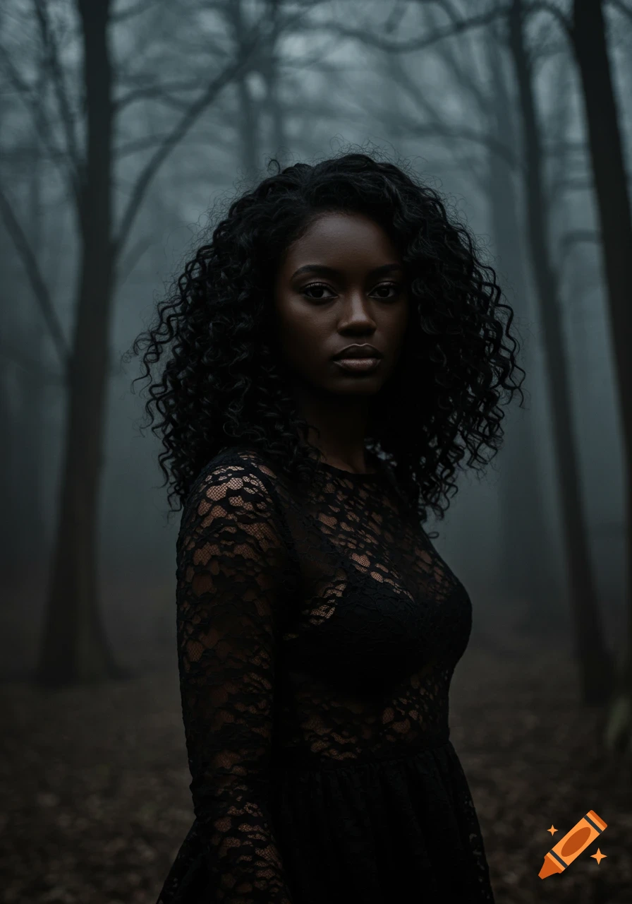 Photorealistic portrait of a Black woman with long curly hair wearing a lace black dress, standing in a foggy, leafless forest.
