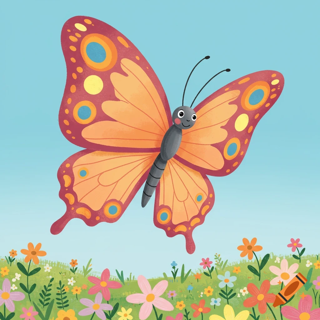 A cheerful cartoon butterfly with orange and red wings flying above a field of colorful flowers, in a kids' storybook art style.