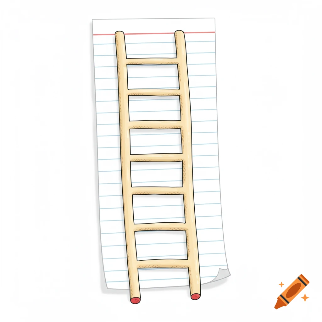 A cute, illustrated wooden ladder standing on a piece of ruled notebook paper.