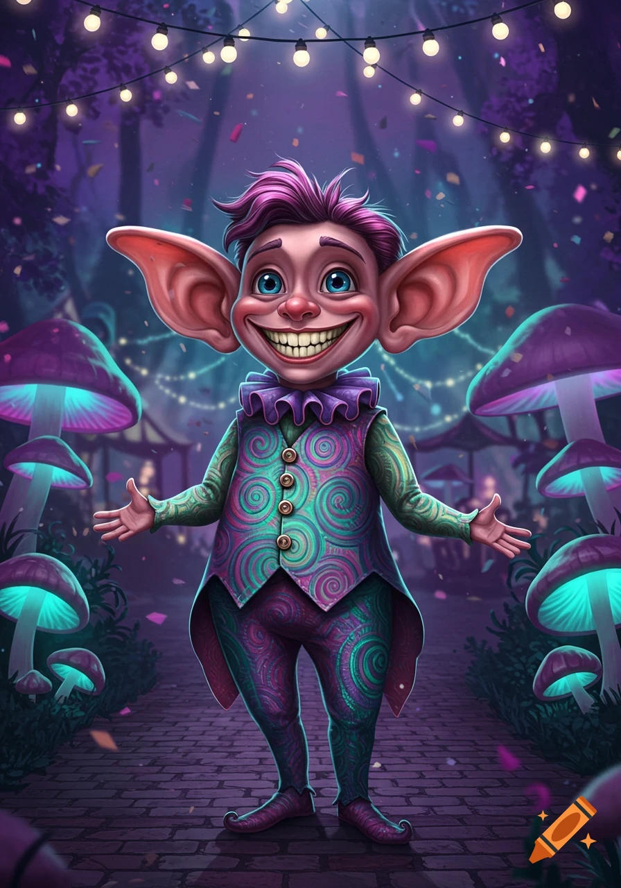 A grinning cartoon fantasy character with large ears and purple hair in a colorful jester-like outfit stands on a brick path surrounded by glowing mushrooms and fairy lights.