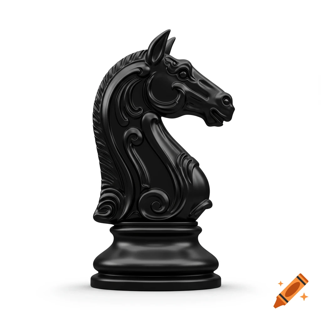 A black ornate chess knight piece stands on a white background with subtle shadow.