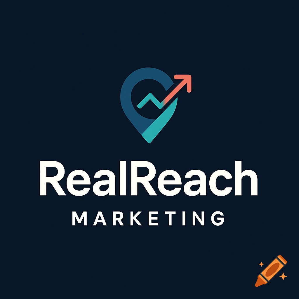 Modern RealReach Marketing logo with a location pin icon featuring an upward-trending arrow.