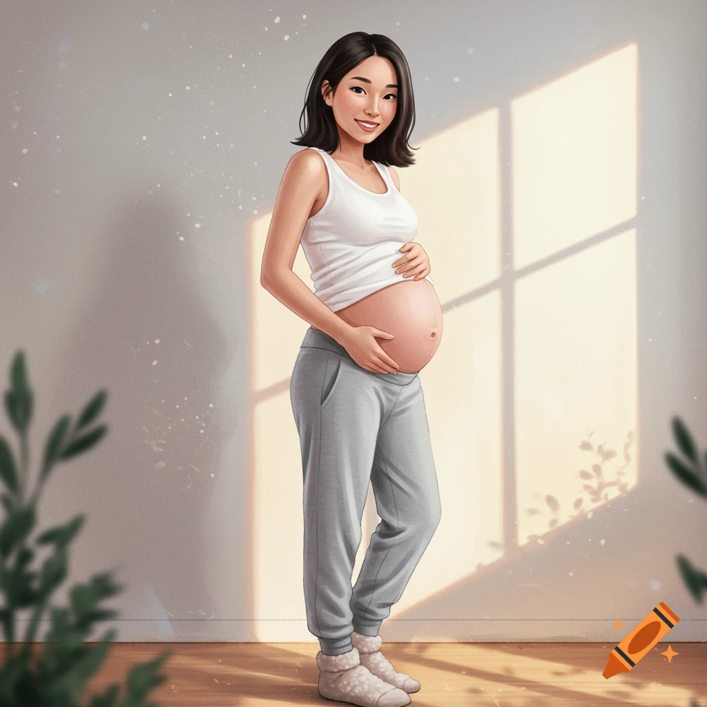 Smiling Asian pregnant woman stands in a sunny room, gently holding her belly, wearing a white tank top, gray sweatpants, and fuzzy socks, in an illustrative style.