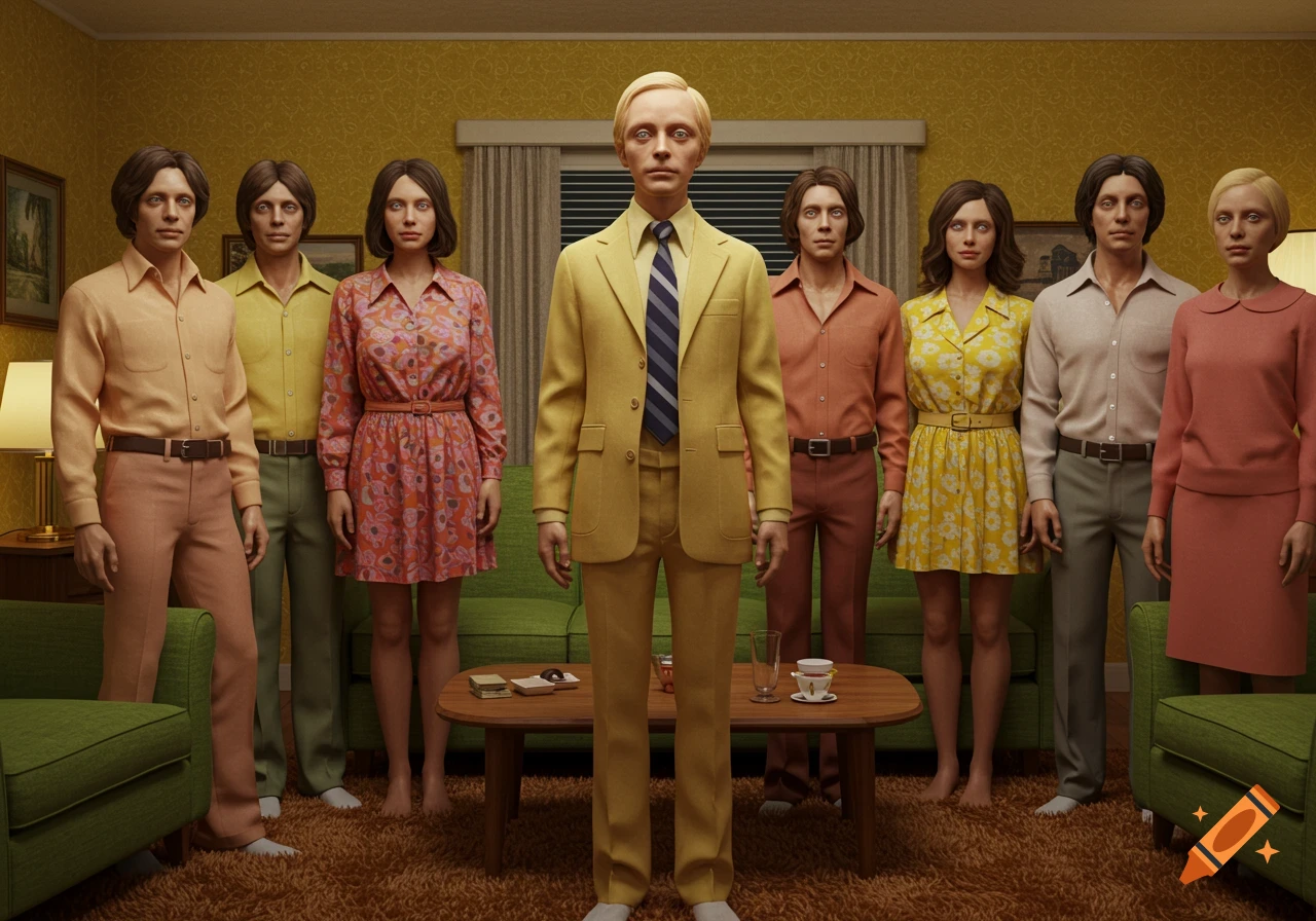Eight figures with unsettling, doll-like features stand in a 1970s living room, staring forward.