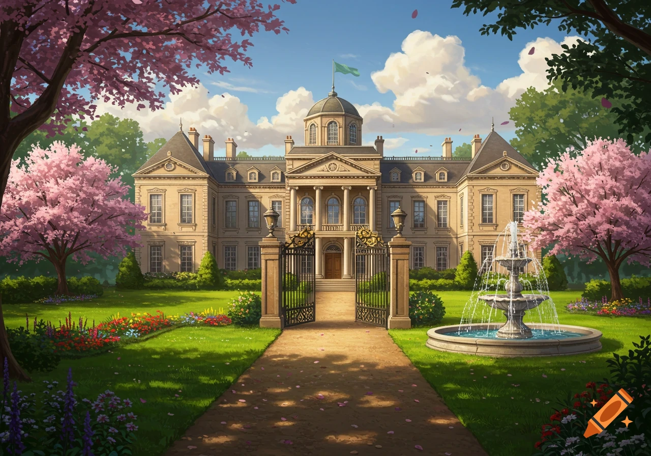 A grand classical mansion with a dome and ornate gates, surrounded by a vibrant spring garden with cherry blossom trees and a fountain under a blue sky.