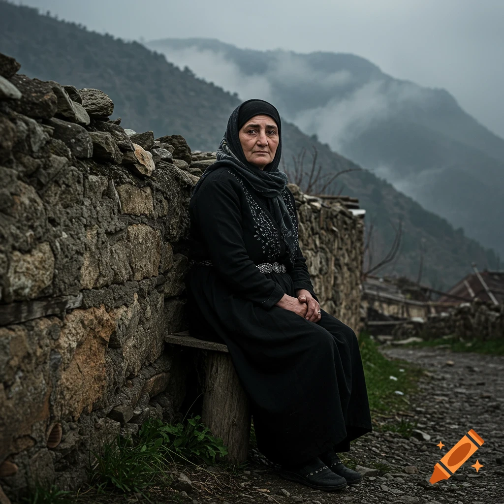 A solemn woman in black traditional dress and headscarf sits on a bench by a stone wall, misty mountains behind her. Photorealistic.