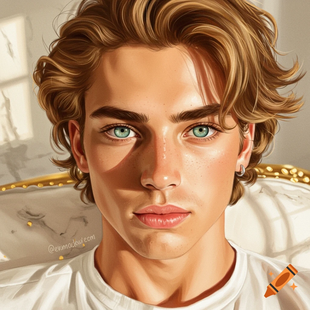 Close-up digital painting of a young man with wavy light brown hair, bright green eyes, and freckles, wearing a white t-shirt.