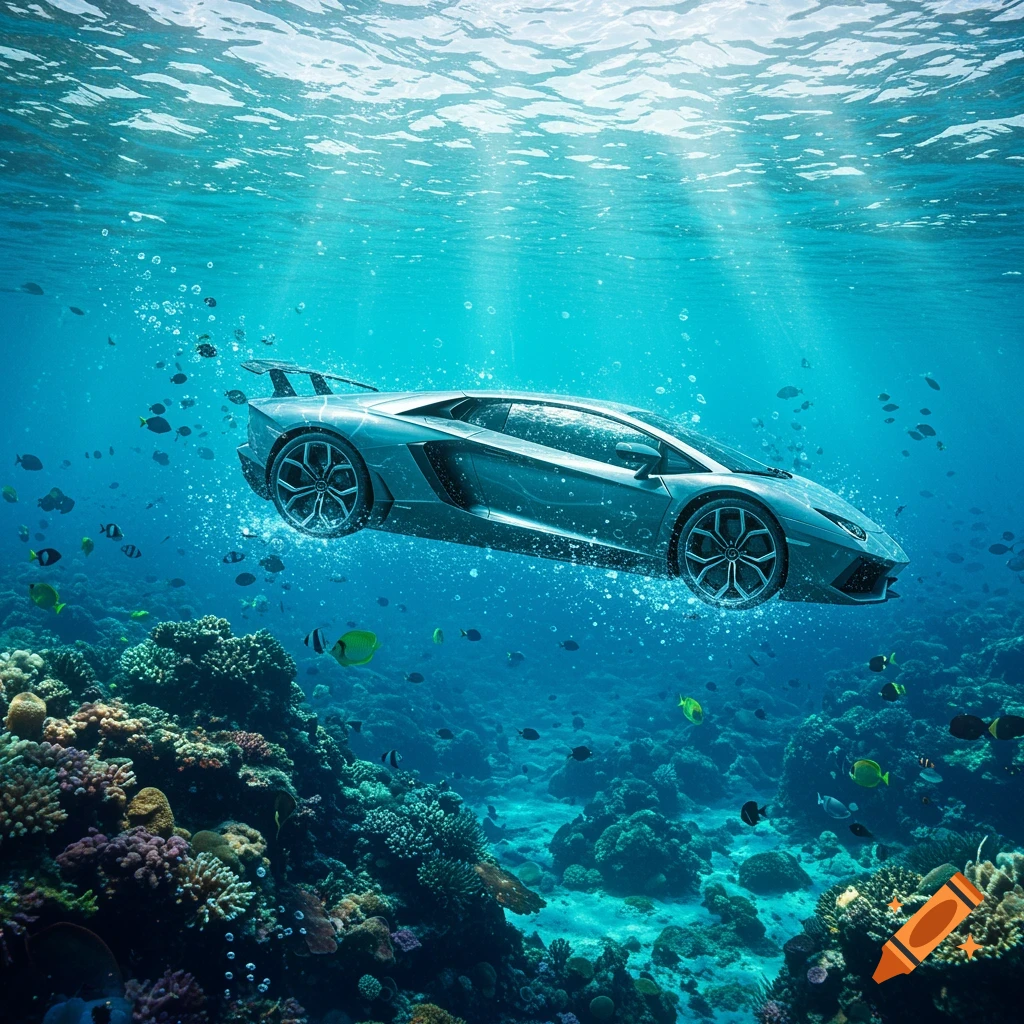 A sleek silver Lamborghini floats underwater amidst vibrant coral and schools of colorful fish, with sunlight streaming from the surface.