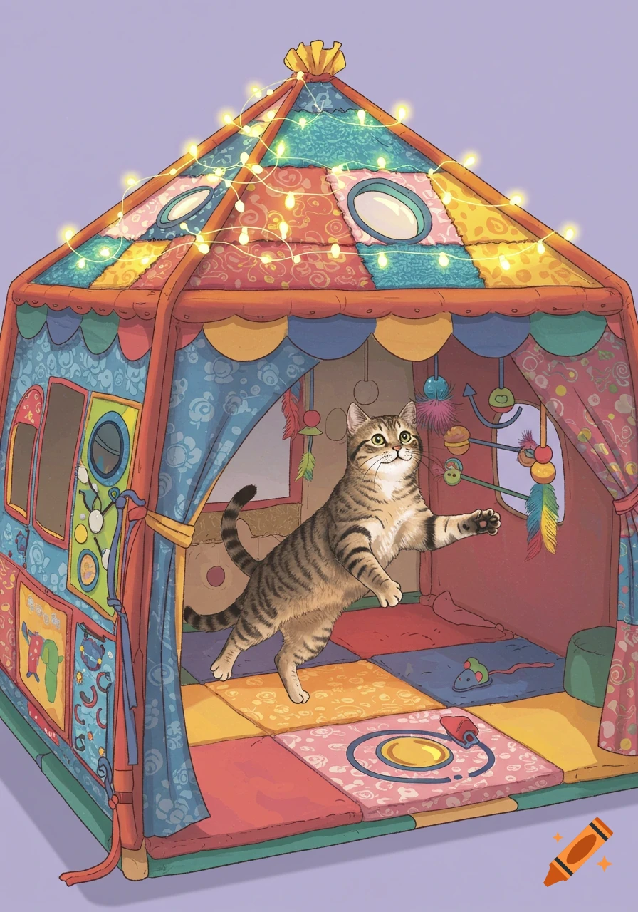A playful tabby cat jumps inside a colorful, intricately designed play tent adorned with string lights and various cat toys.