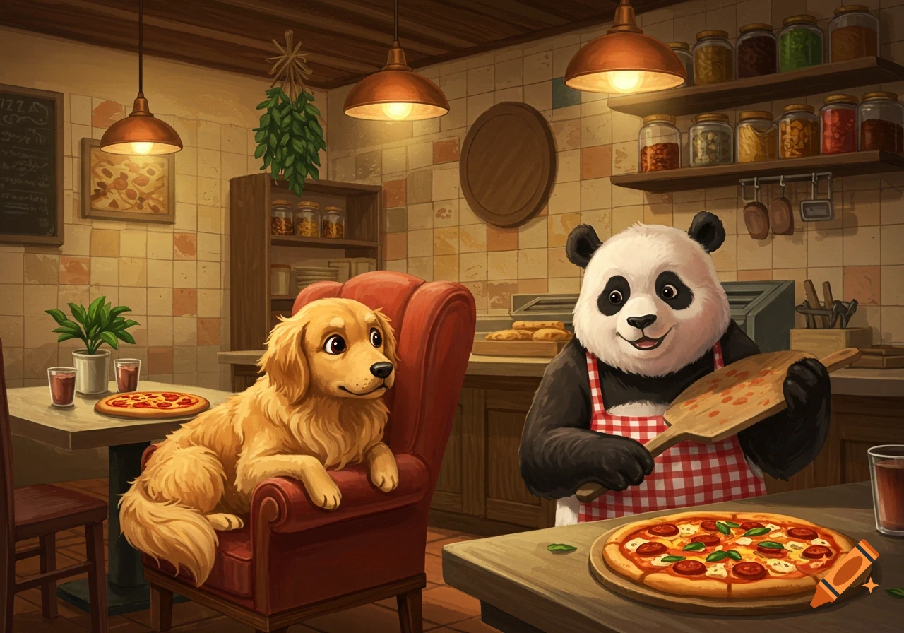 A cute golden retriever sits in an armchair next to a table with pizza, while a panda wearing an apron prepares pizza in a cozy pizza shop.