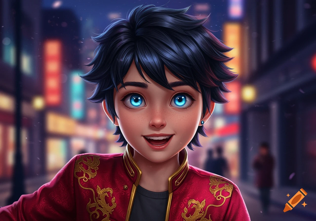 Close-up anime portrait of a young person with short dark hair, bright blue eyes, and freckles, smiling in a red patterned jacket against a blurry city night.