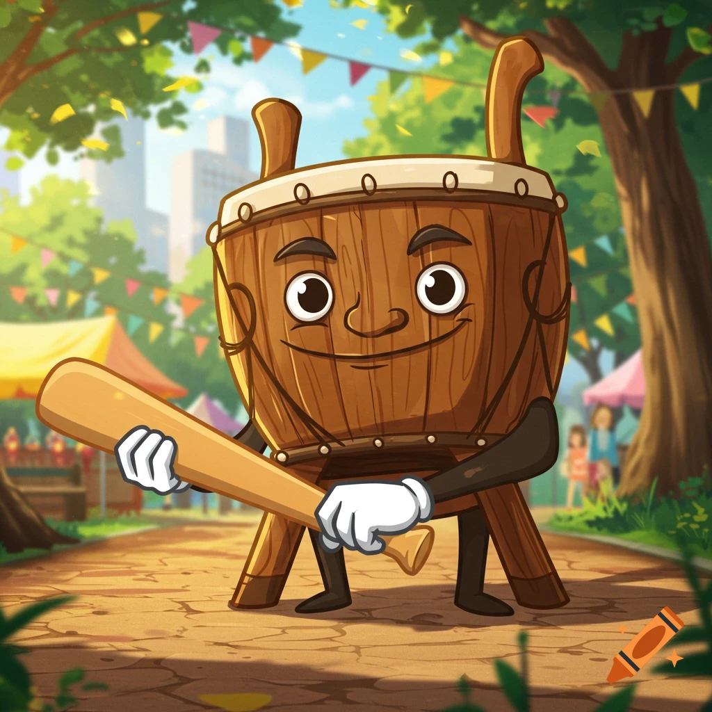 A smiling, anthropomorphic wooden drum with white-gloved hands holds a baseball bat in a sunny park decorated with colorful banners.