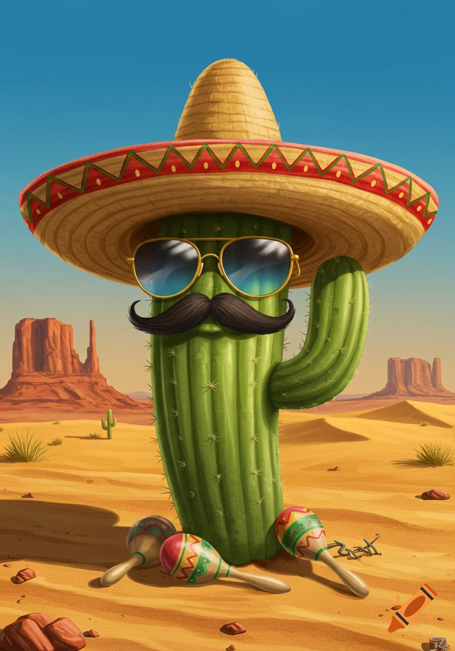 Cartoon cactus wearing a sombrero, sunglasses, and a mustache, standing in a desert with maracas.